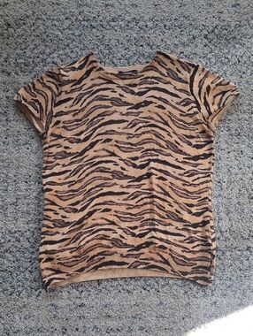 Chaps Tan and Black Tiger-Stripe Short Sleeve Top